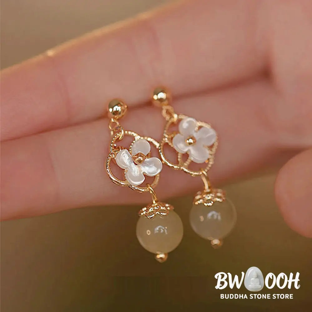 Buddha Stones Tridacna Stone Flower Jade Bead Blessing Drop Earrings - Jade(Prosperity♥Abundance) - Earrings