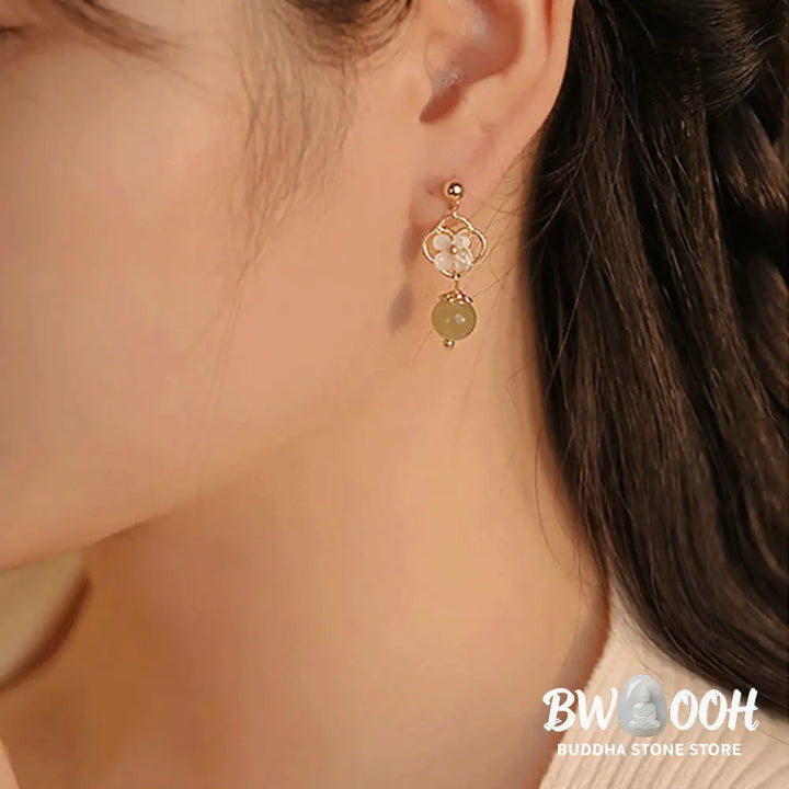Buddha Stones Tridacna Stone Flower Jade Bead Blessing Drop Earrings - Jade(Prosperity♥Abundance) - Earrings