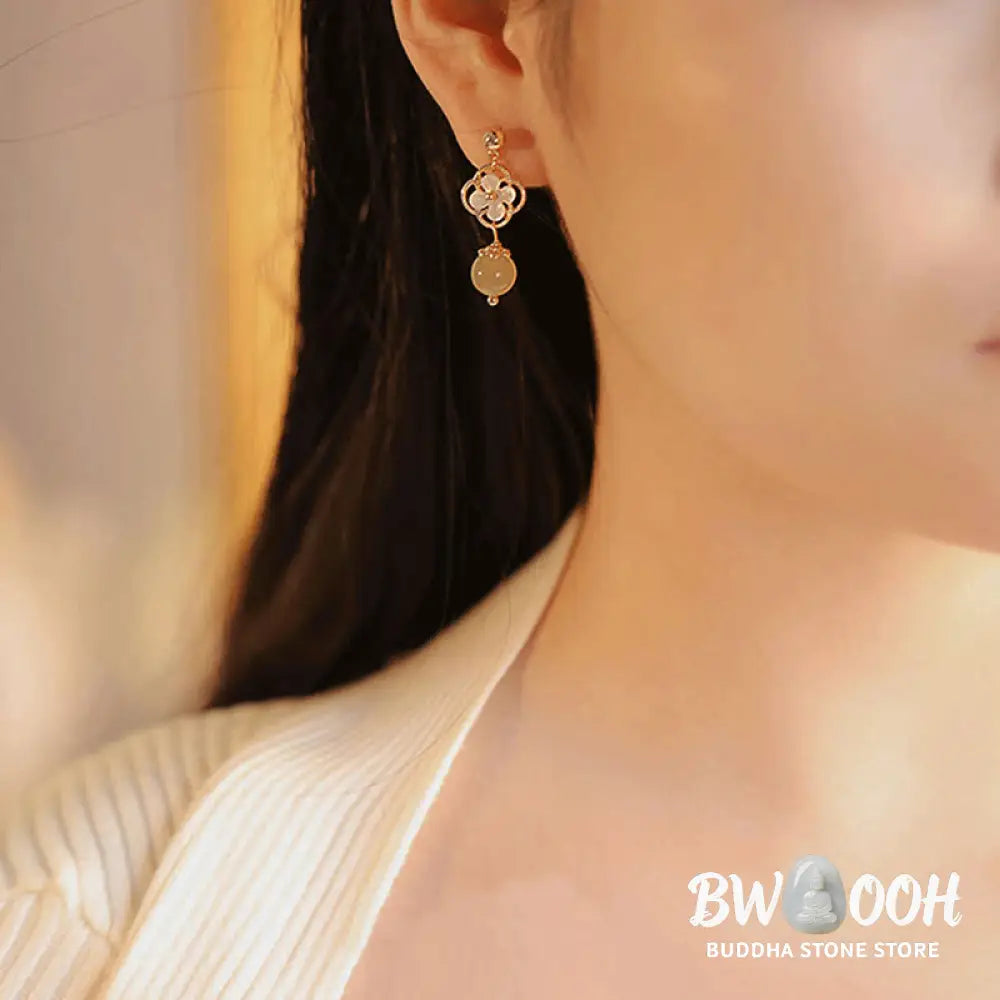 Buddha Stones Tridacna Stone Flower Jade Bead Blessing Drop Earrings - Jade(Prosperity♥Abundance) - Earrings