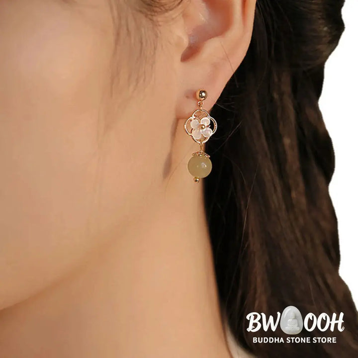 Buddha Stones Tridacna Stone Flower Jade Bead Blessing Drop Earrings - Jade(Prosperity♥Abundance) - Earrings