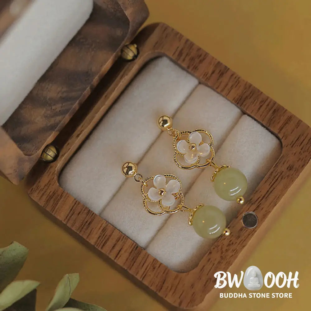 Buddha Stones Tridacna Stone Flower Jade Bead Blessing Drop Earrings - Jade(Prosperity♥Abundance) - Earrings