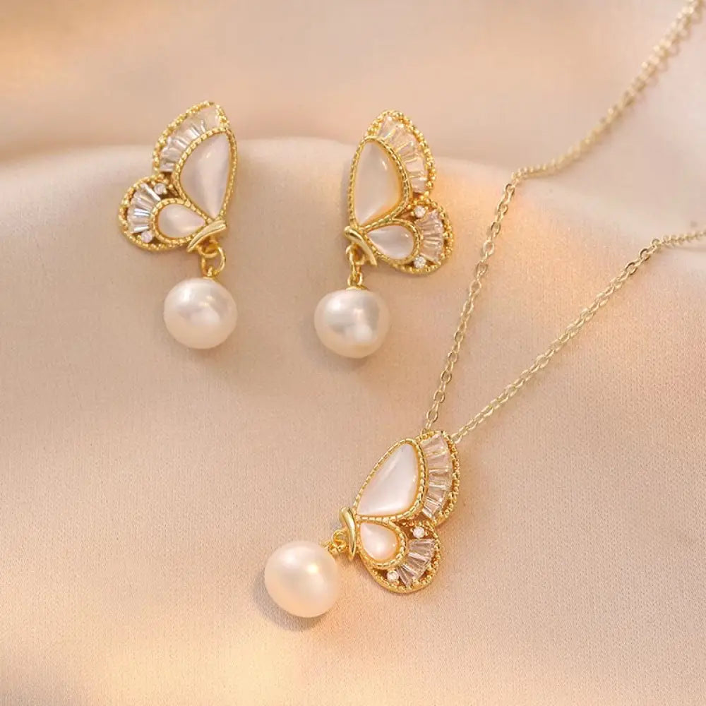 Buddha Stones Tridacna Stone Pearl Bead Butterfly Healing Necklace Pendant Earrings Set - BWOOOH
