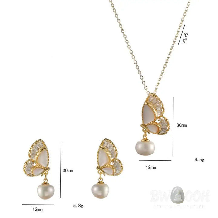 Buddha Stones Tridacna Stone Pearl Bead Butterfly Healing Necklace Pendant Earrings Set - BWOOOH - Bracelet Necklaces &amp;