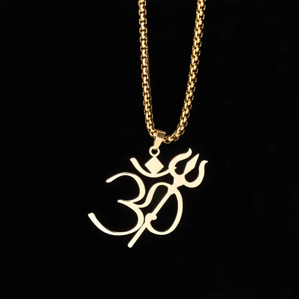 Buddha Stones Trident OM Symbol Stainless Steel Connection Necklace Pendant - BWOOOH - Gold - Necklaces & Pendants