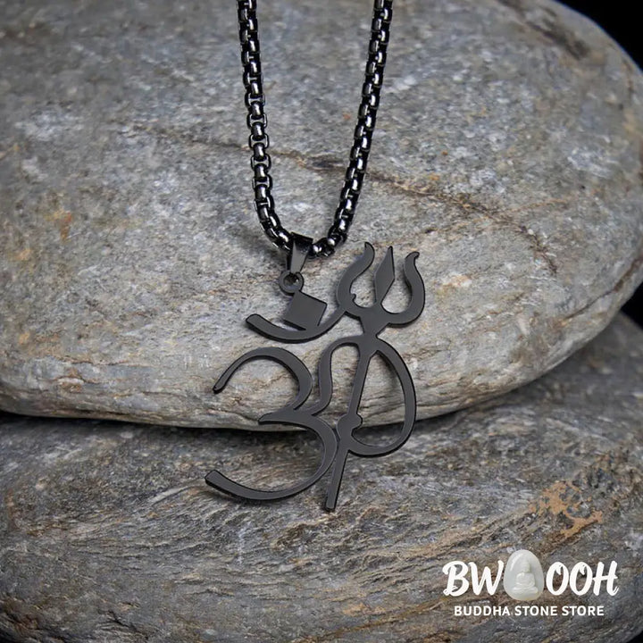 Buddha Stones Trident OM Symbol Stainless Steel Connection Necklace Pendant - BWOOOH - Necklaces &amp; Pendants