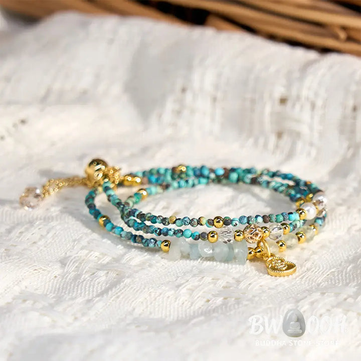 Buddha Stones Turquoise Beaded Strength Triple Wrap Bracelet - BWOOOH - Turquoise(Wrist Circumference:16cm) - Bracelet