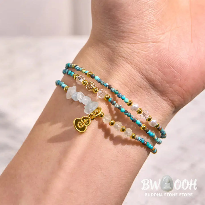Buddha Stones Turquoise Beaded Strength Triple Wrap Bracelet - BWOOOH - Turquoise(Wrist Circumference:16cm) - Bracelet