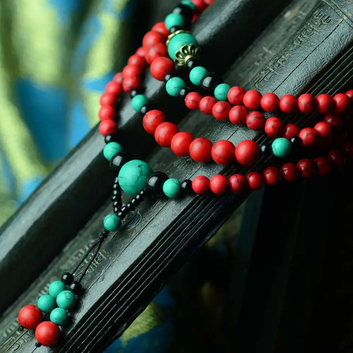 Buddha Stones Turquoise Black Onyx Red Turquoise Bead Protection Bracelet - Red Turquoise&amp;Black Onyx - Bracelet