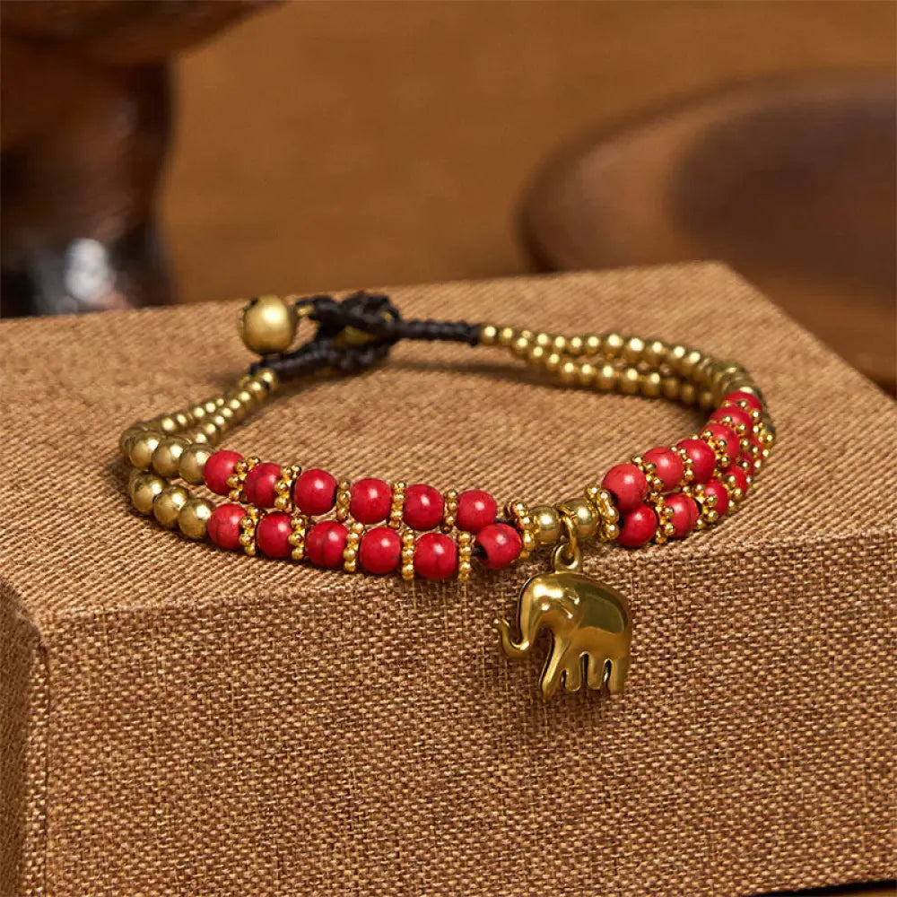 Buddha Stones Turquoise Elephant Luck Double-layer Plated Copper Strength Bracelet - Red Turquoise(Wrist Circumference: