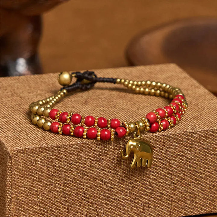 Buddha Stones Turquoise Elephant Luck Double-layer Plated Copper Strength Bracelet - Red Turquoise(Wrist Circumference:
