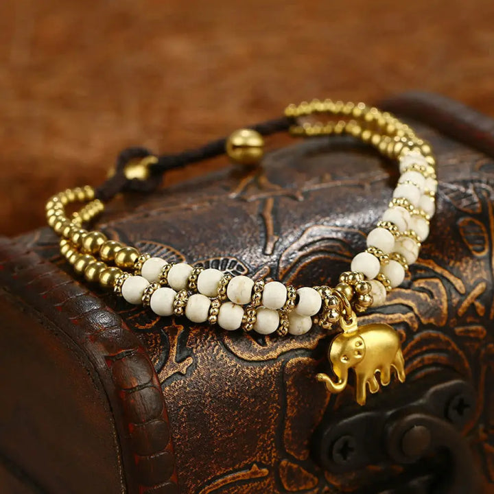 Buddha Stones Turquoise Elephant Luck Double-layer Plated Copper Strength Bracelet - White Turquoise(Wrist
