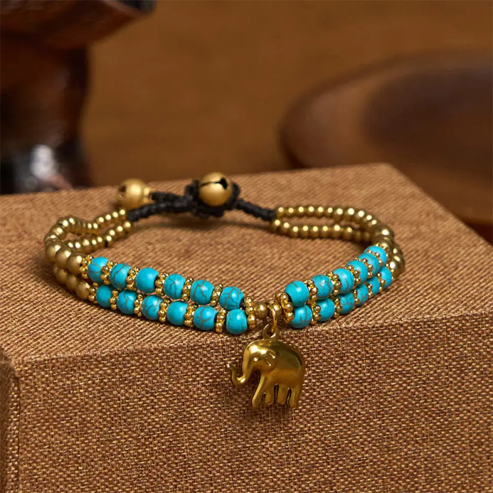 Buddha Stones Turquoise Elephant Luck Double-layer Plated Copper Strength Bracelet - Turquoise(Wrist Circumference: