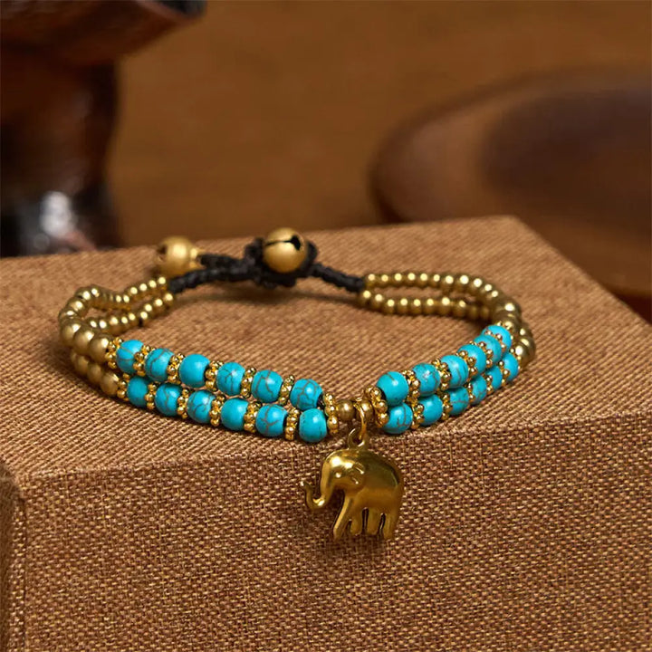 Buddha Stones Turquoise Elephant Luck Double-layer Plated Copper Strength Bracelet - Turquoise(Wrist Circumference: