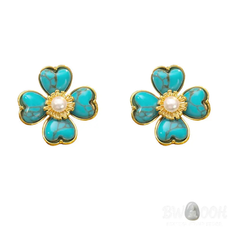 Buddha Stones Turquoise Love Heart Flower Copper Healing Stud Earrings - Turquoise(Synthetic)(925 Sterling Silver