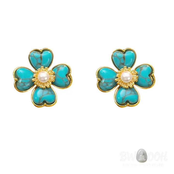 Buddha Stones Turquoise Love Heart Flower Copper Healing Stud Earrings - Turquoise(Synthetic)(925 Sterling Silver