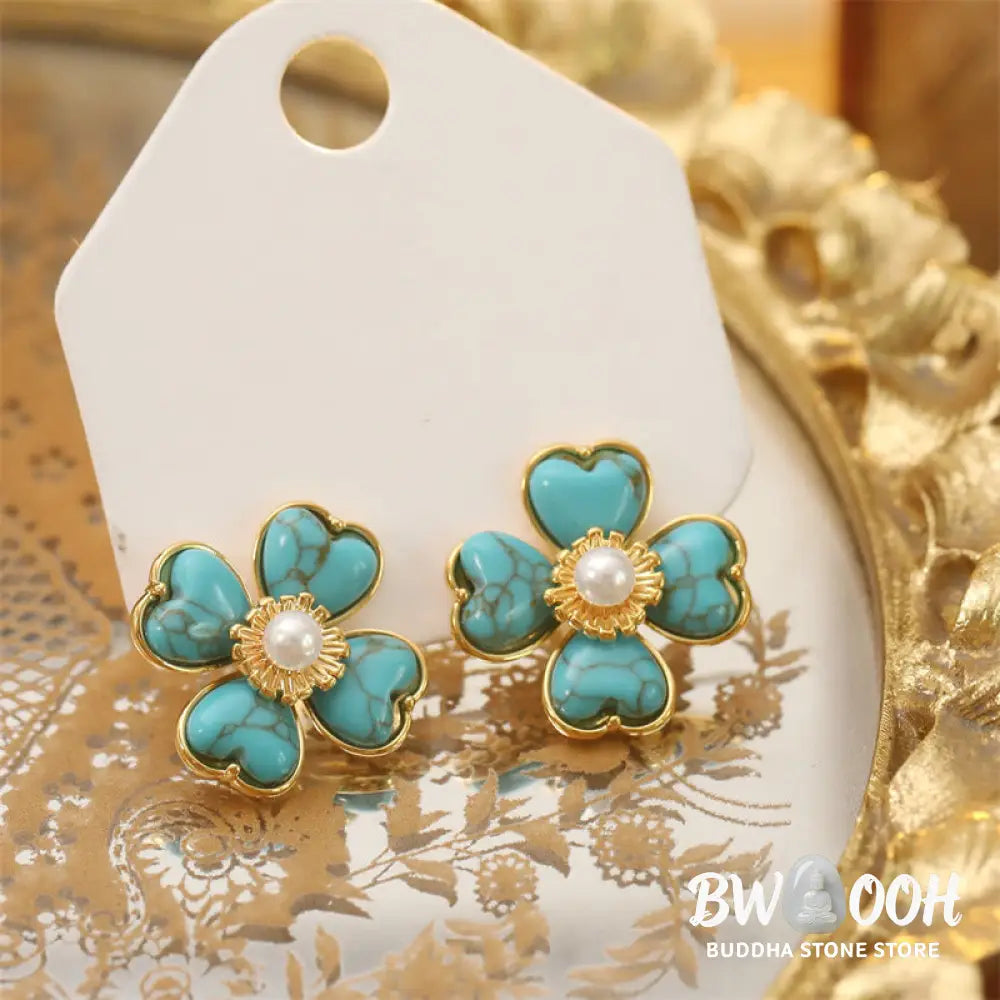 Buddha Stones Turquoise Love Heart Flower Copper Healing Stud Earrings - Turquoise(Synthetic)(925 Sterling Silver
