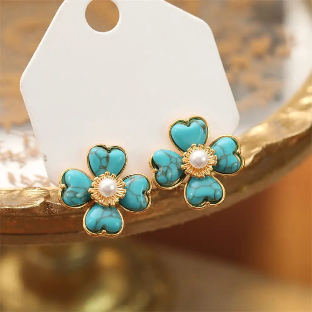 Buddha Stones Turquoise Love Heart Flower Copper Healing Stud Earrings - Turquoise(Synthetic)(925 Sterling Silver