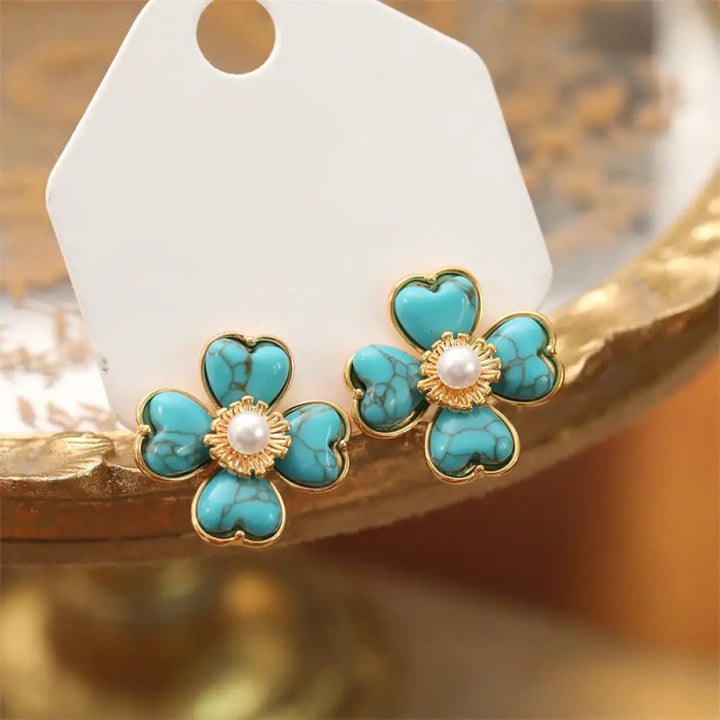 Buddha Stones Turquoise Love Heart Flower Copper Healing Stud Earrings - Turquoise(Synthetic)(925 Sterling Silver