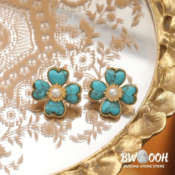Buddha Stones Turquoise Love Heart Flower Copper Healing Stud Earrings - Turquoise(Synthetic)(925 Sterling Silver