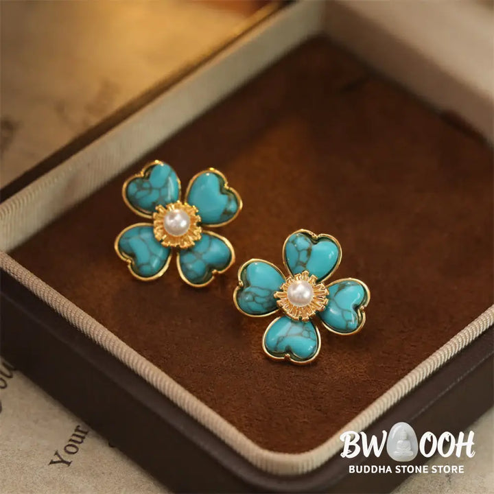 Buddha Stones Turquoise Love Heart Flower Copper Healing Stud Earrings - Turquoise(Synthetic)(925 Sterling Silver