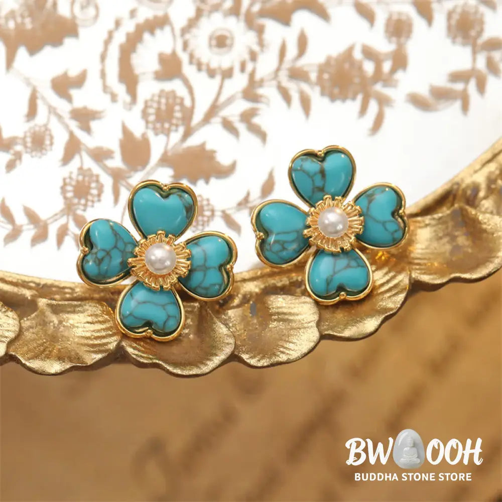 Buddha Stones Turquoise Love Heart Flower Copper Healing Stud Earrings - Turquoise(Synthetic)(925 Sterling Silver