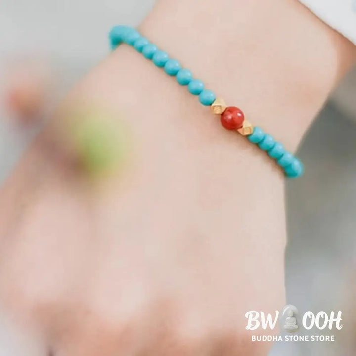 Buddha Stones Turquoise Red Agate Beaded Protection Bracelet - BWOOOH - Turquoise(Wrist Circumference 14-16cm)