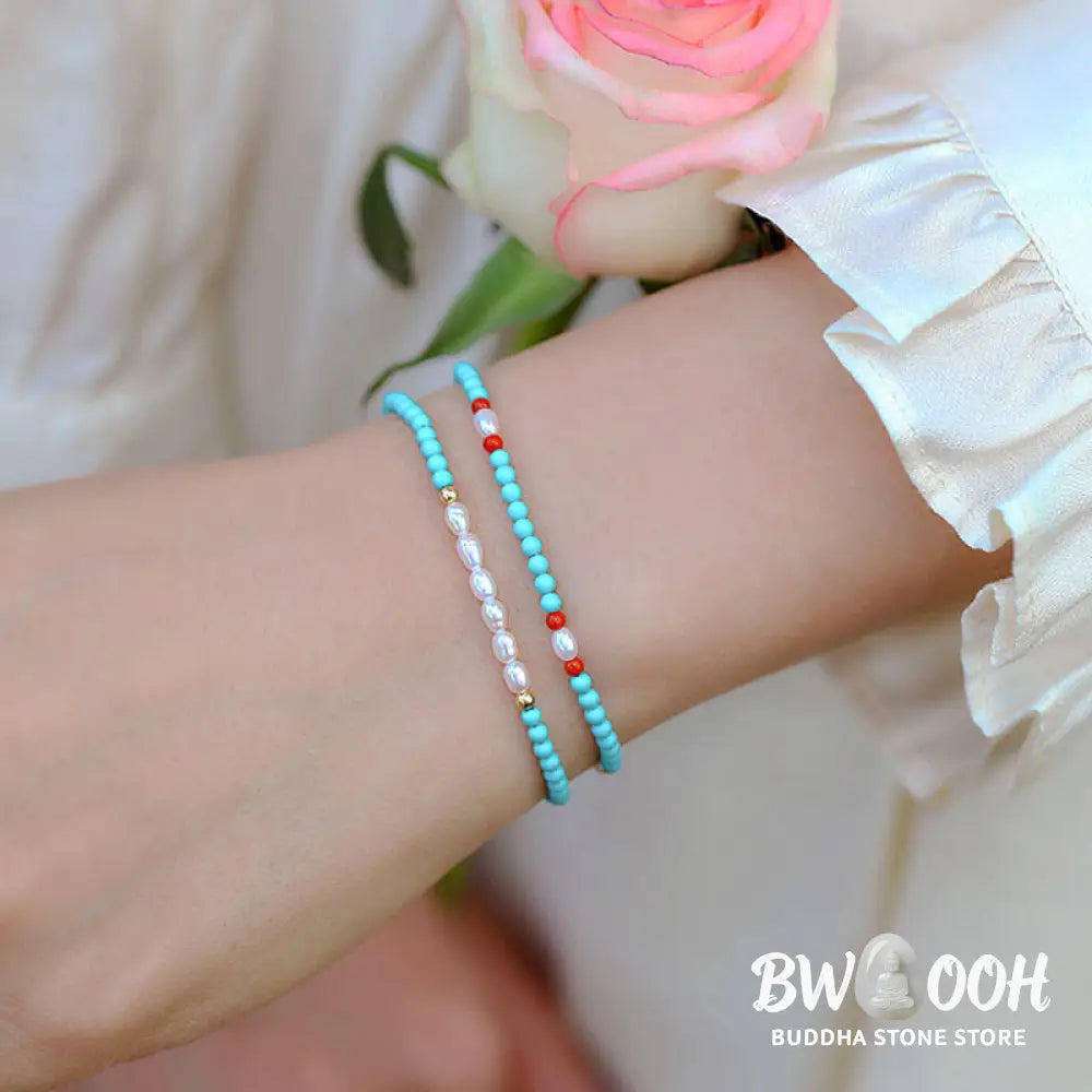 Buddha Stones Turquoise Red Agate Pearl Small Beaded Protection Bracelet - BWOOOH - Bracelet