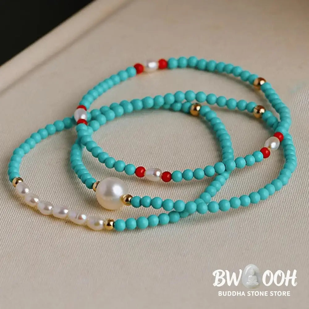 Buddha Stones Turquoise Red Agate Pearl Small Beaded Protection Bracelet - BWOOOH - Bracelet