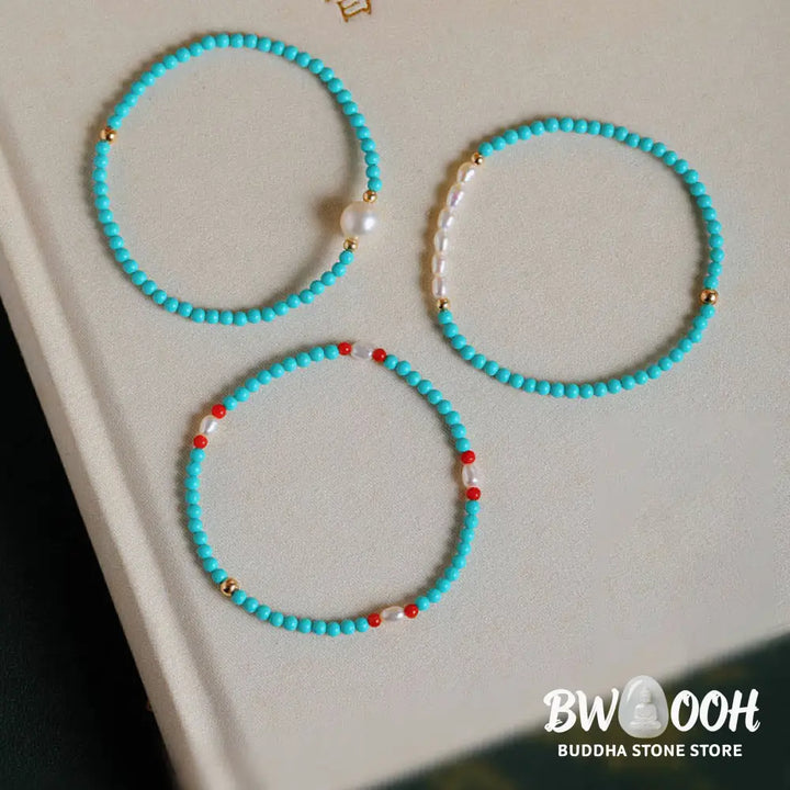 Buddha Stones Turquoise Red Agate Pearl Small Beaded Protection Bracelet - BWOOOH - Bracelet