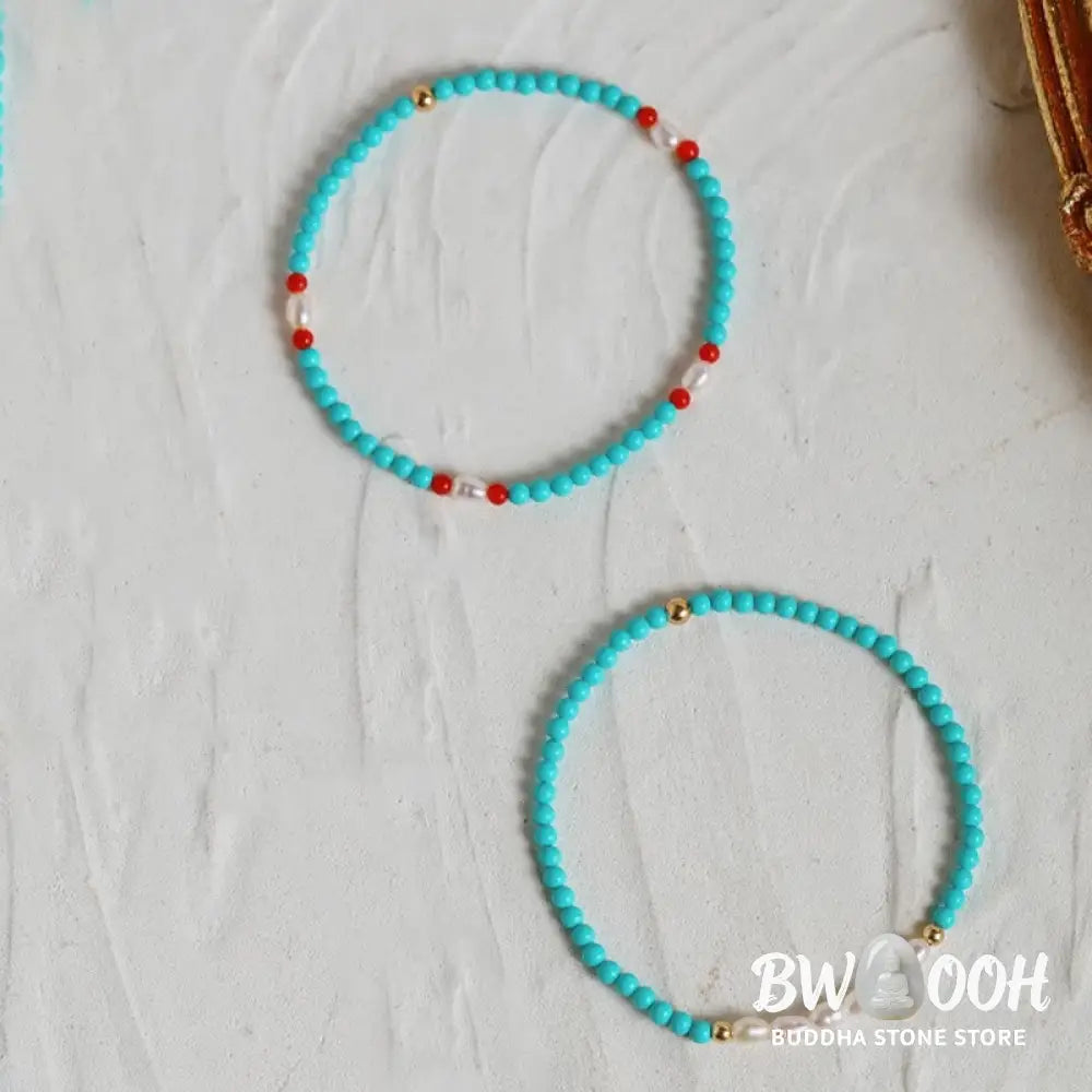 Buddha Stones Turquoise Red Agate Pearl Small Beaded Protection Bracelet - BWOOOH - Bracelet