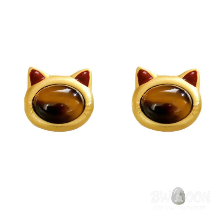 Buddha Stones Turquoise Tiger Eye Cat Head Design Copper Protection Stud Earrings - Earrings