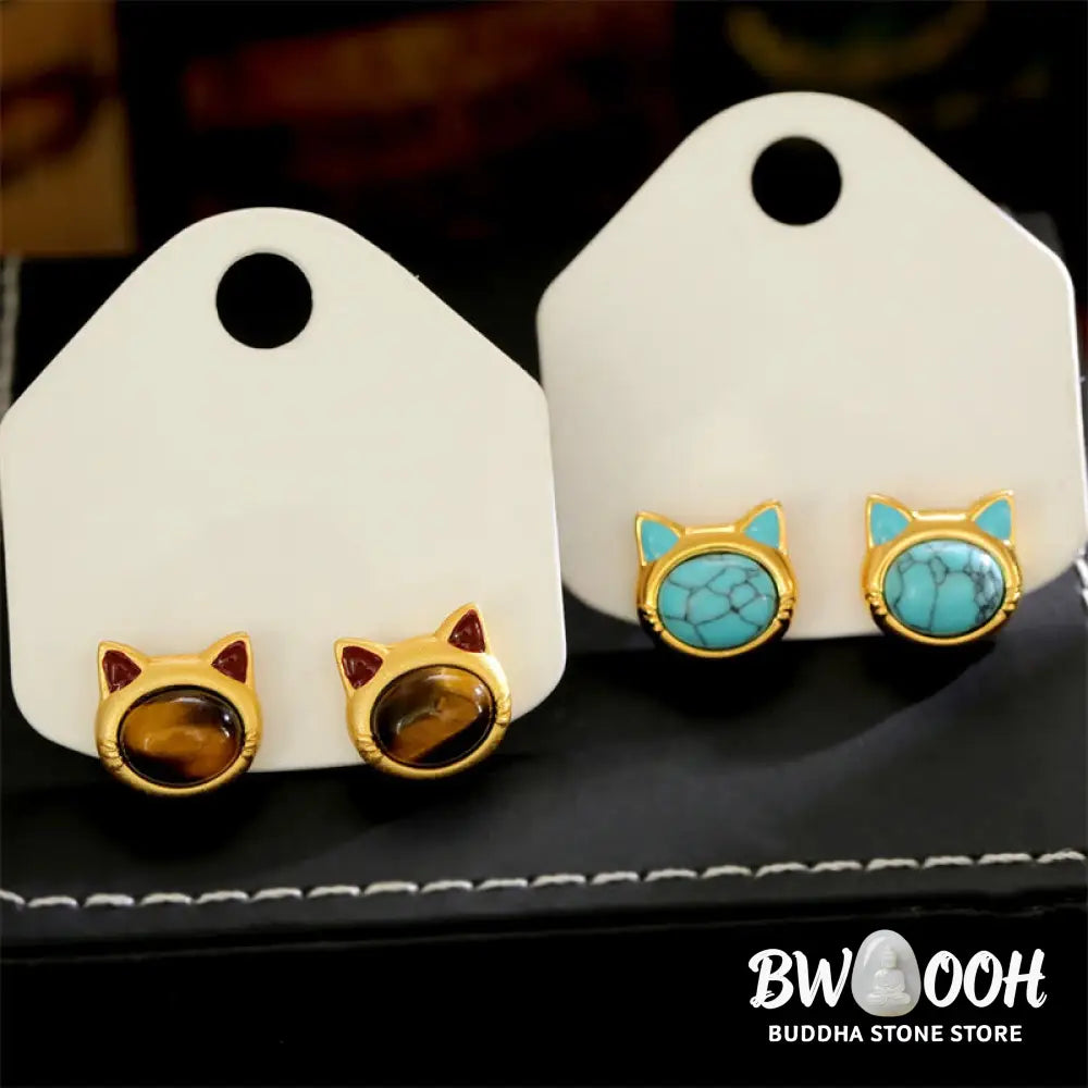 Buddha Stones Turquoise Tiger Eye Cat Head Design Copper Protection Stud Earrings - Earrings