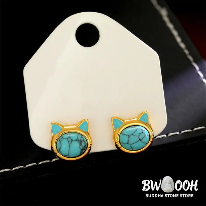 Buddha Stones Turquoise Tiger Eye Cat Head Design Copper Protection Stud Earrings - Earrings