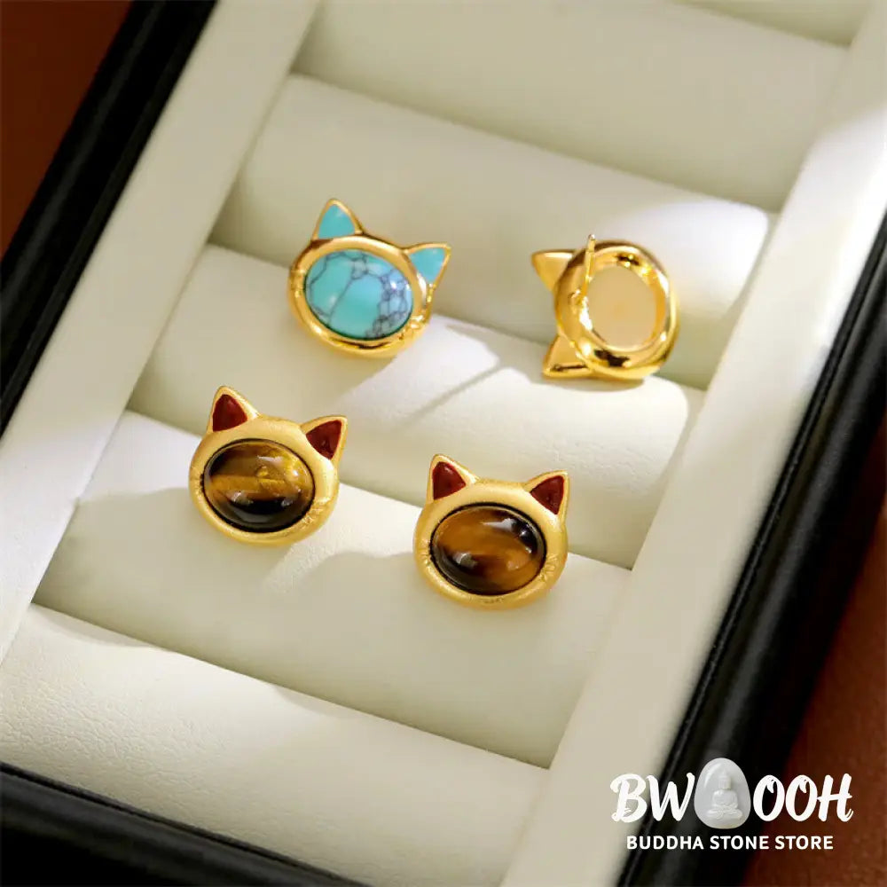 Buddha Stones Turquoise Tiger Eye Cat Head Design Copper Protection Stud Earrings - Earrings