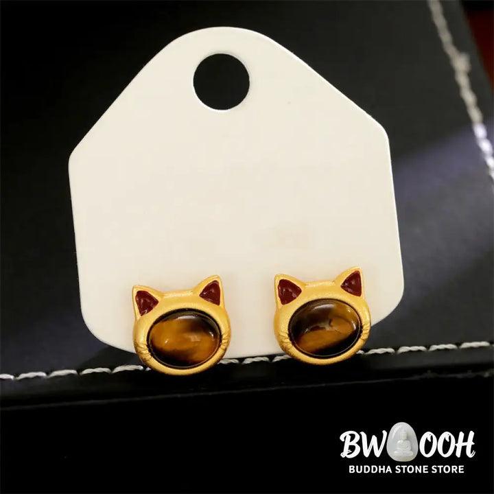 Buddha Stones Turquoise Tiger Eye Cat Head Design Copper Protection Stud Earrings - Earrings
