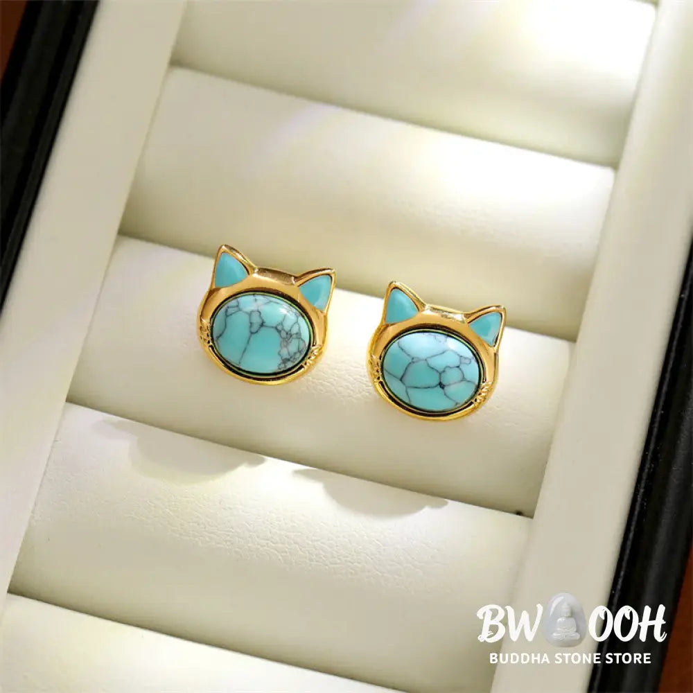 Buddha Stones Turquoise Tiger Eye Cat Head Design Copper Protection Stud Earrings - Earrings
