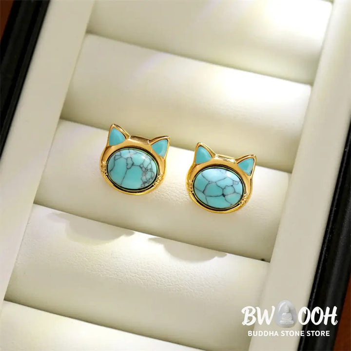 Buddha Stones Turquoise Tiger Eye Cat Head Design Copper Protection Stud Earrings - Earrings