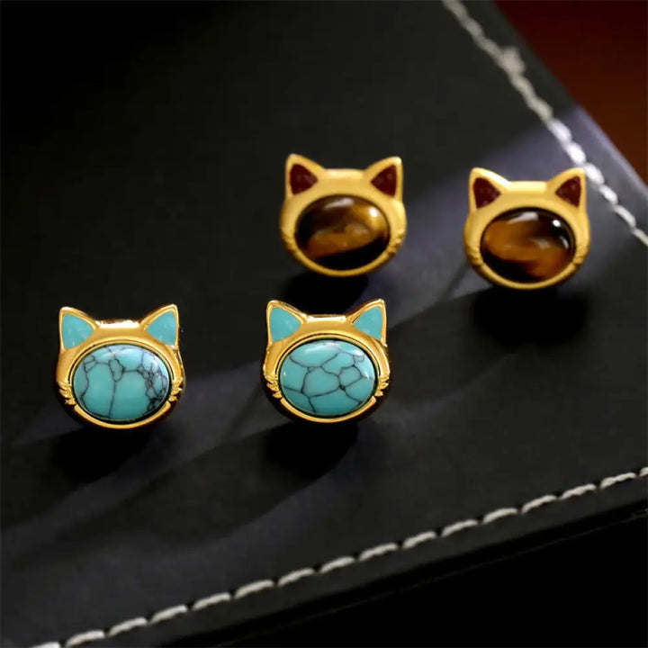 Buddha Stones Turquoise Tiger Eye Cat Head Design Copper Protection Stud Earrings - Earrings