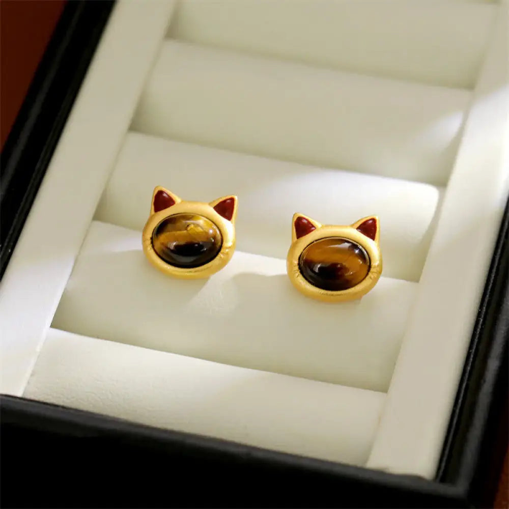 Buddha Stones Turquoise Tiger Eye Cat Head Design Copper Protection Stud Earrings - Tiger Eye(925 Sterling Silver