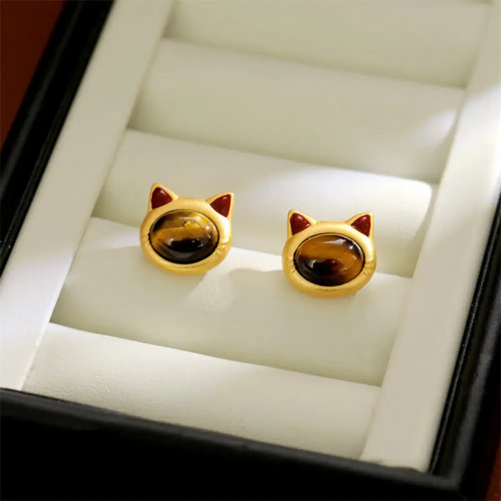 Buddha Stones Turquoise Tiger Eye Cat Head Design Copper Protection Stud Earrings - Tiger Eye(925 Sterling Silver