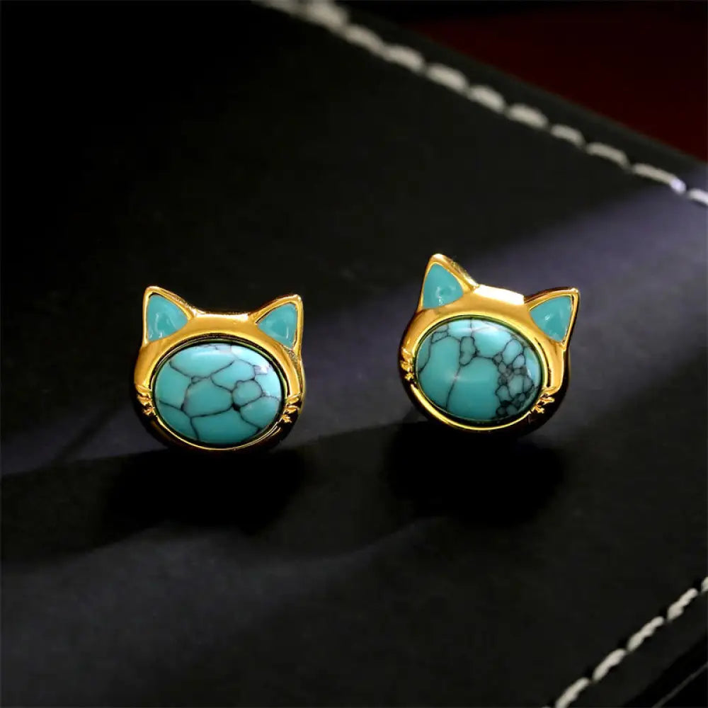 Buddha Stones Turquoise Tiger Eye Cat Head Design Copper Protection Stud Earrings - Turquoise(Synthetic)(925 Sterling
