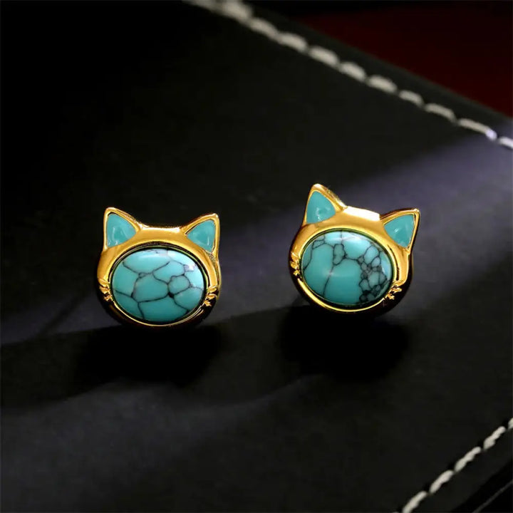 Buddha Stones Turquoise Tiger Eye Cat Head Design Copper Protection Stud Earrings - Turquoise(Synthetic)(925 Sterling
