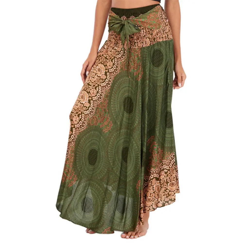 Buddha Stones Two Style Wear Bohemian Compass Rose Flower Lace-up Skirt Dress - DarkSeaGreen / US4-12，UK/AU8-16，EU36-44