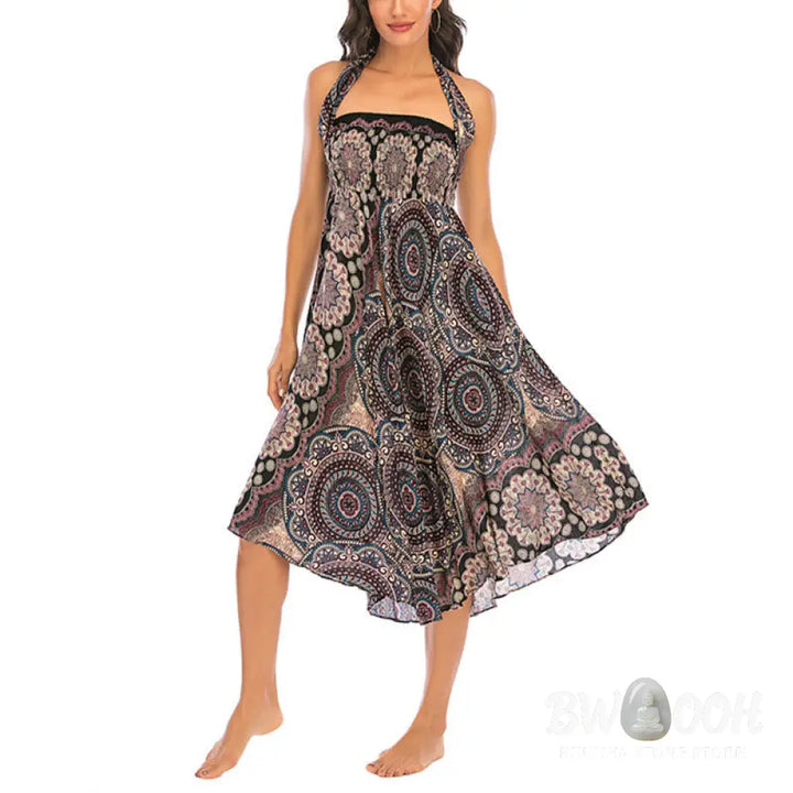 Buddha Stones Two Style Wear Bohemian Mandala Flower Lace-up Skirt Dress - Skirt&amp;Dress