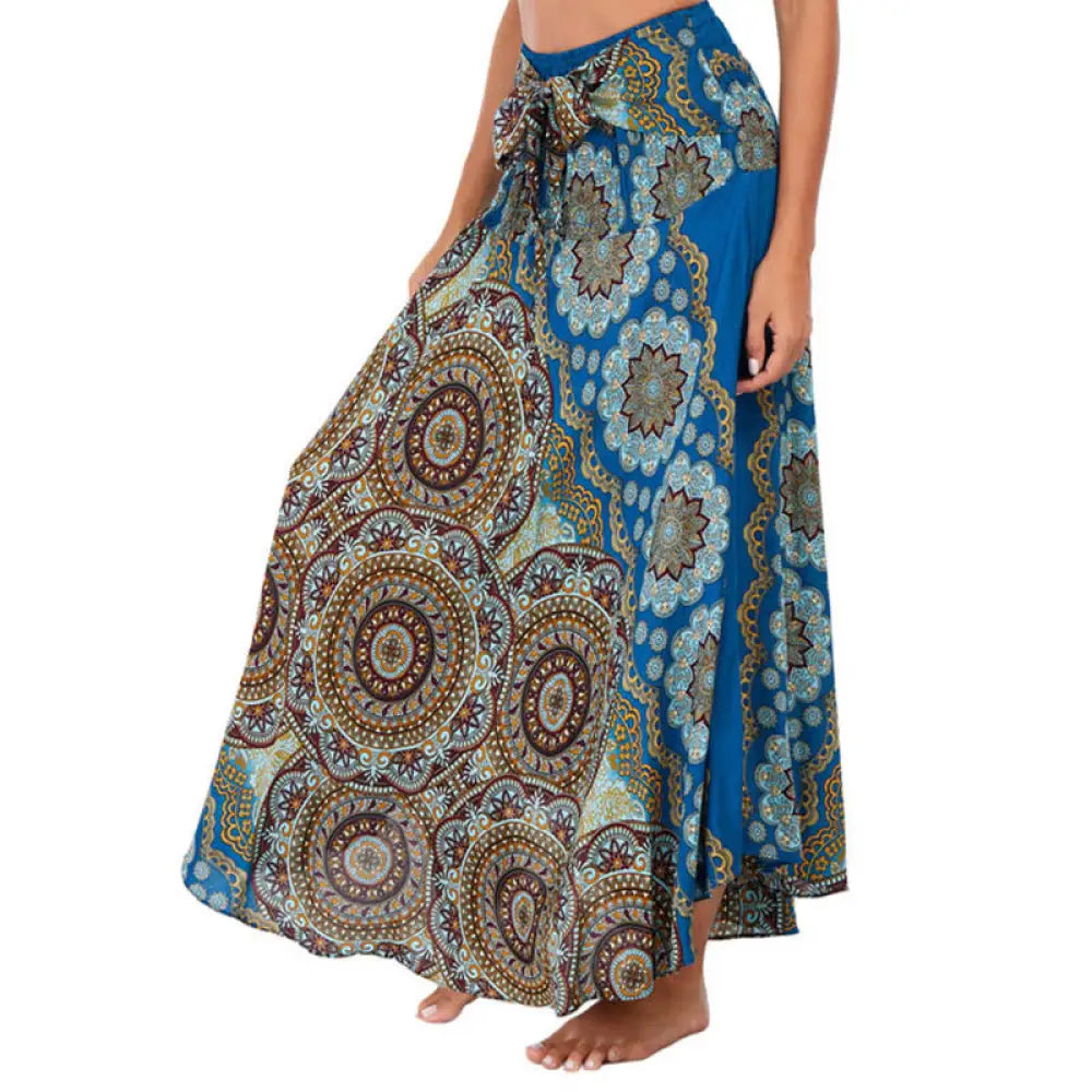Buddha Stones Two Style Wear Bohemian Mandala Flower Lace-up Skirt Dress - SteelBlue / US4-12，UK/AU8-16，EU36-44 (F)