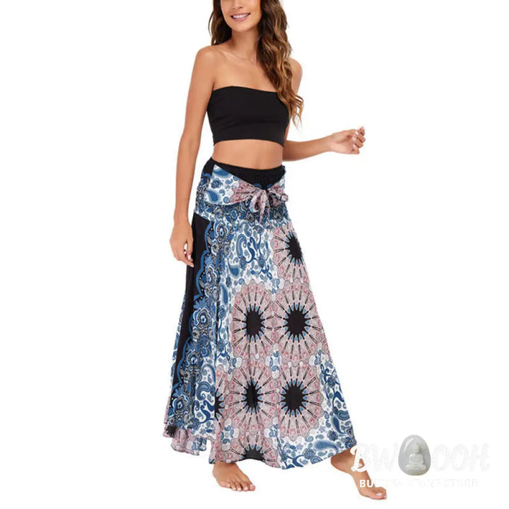 Buddha Stones Two Style Wear Bohemian Mandala Flower Water Drop Lace-up Skirt Dress - Skirt&amp;Dress