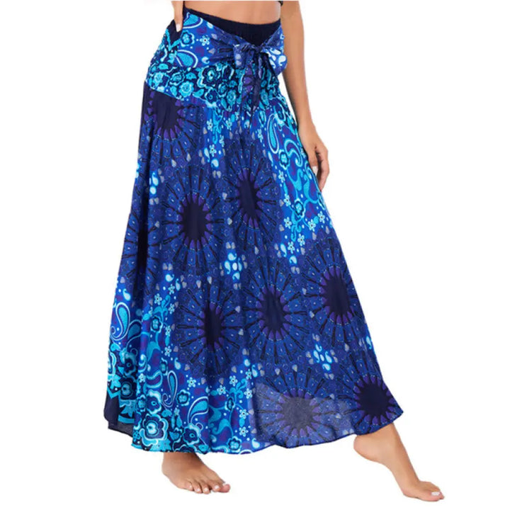 Buddha Stones Two Style Wear Bohemian Mandala Flower Water Drop Lace-up Skirt Dress - DodgerBlue