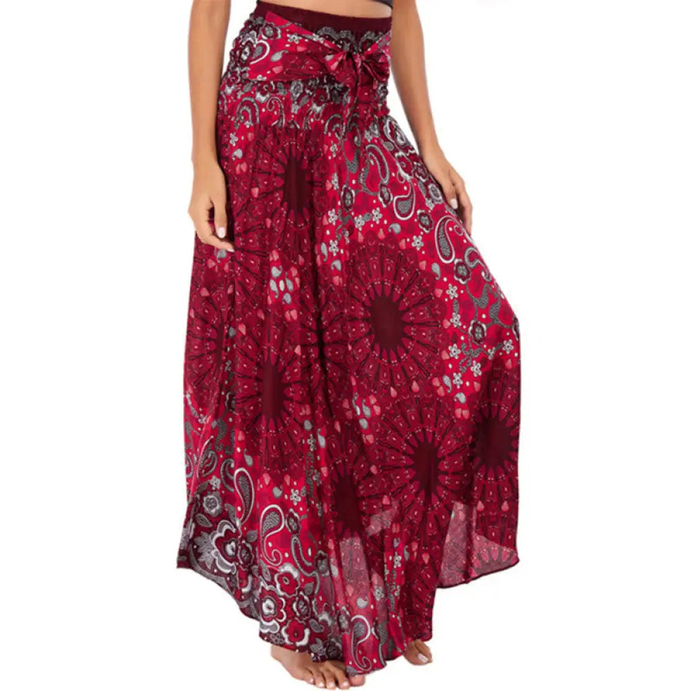 Buddha Stones Two Style Wear Bohemian Mandala Flower Water Drop Lace-up Skirt Dress - IndianRed