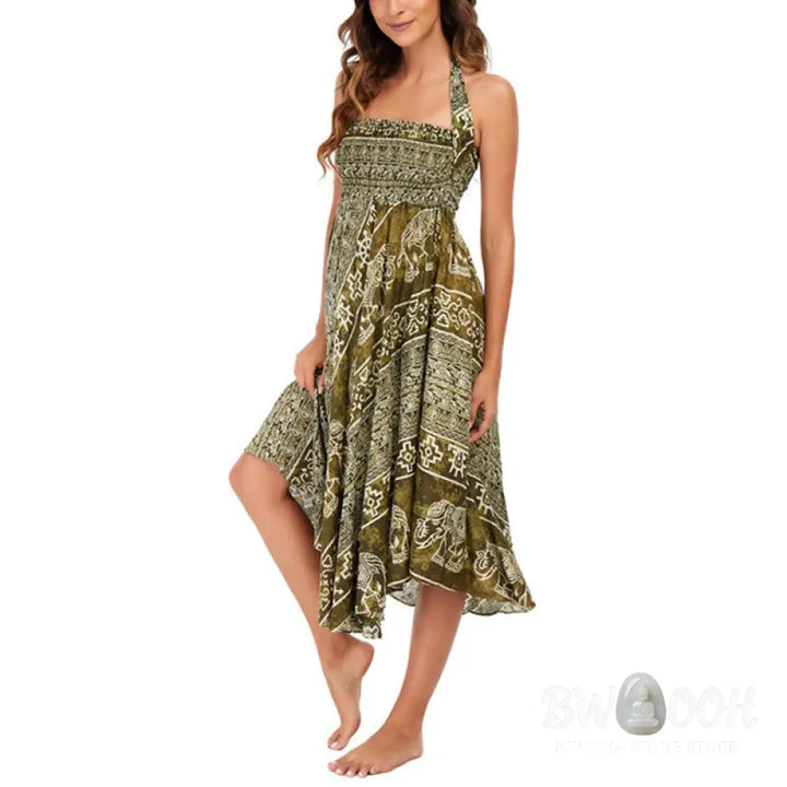 Buddha Stones Two Style Wear Boho Elephant Geometry Lace-up Skirt Dress - Skirt&amp;Dress