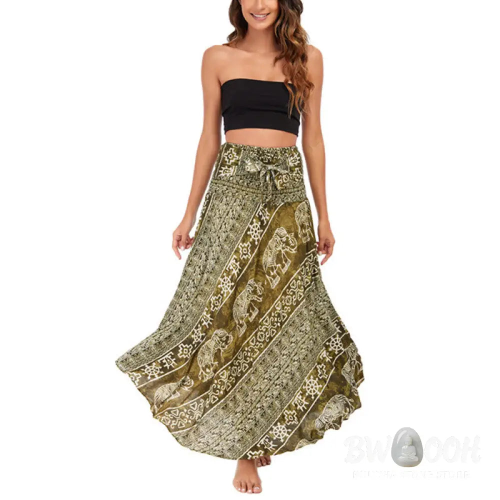 Buddha Stones Two Style Wear Boho Elephant Geometry Lace-up Skirt Dress - Skirt&amp;Dress